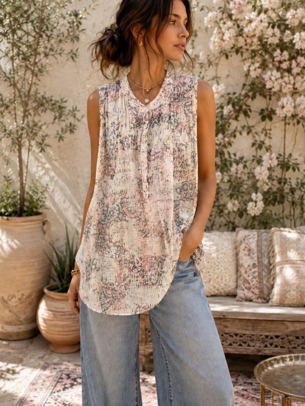 About A Girl Los Angeles Boho Paisley Sleeveless Tunic Top Size L Rayon